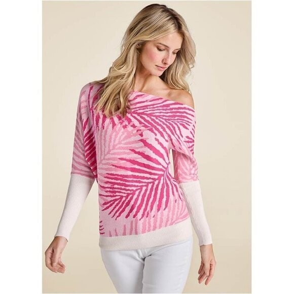 Pink Palm print off shoulder sweater size L - Picture 1 of 3